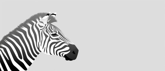  a black and white photo of a zebra's head with a gray back ground and a light gray back ground.