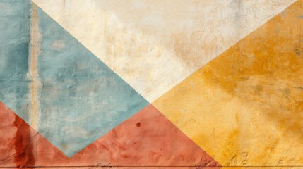  a grungy wall with a pattern of different colors and a red, yellow, blue, and green rectangle on it.