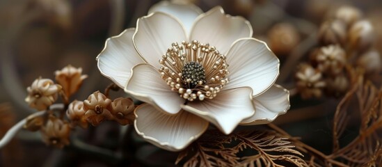 Beautiful white flower with striking brown centers blooming in the spring garden
