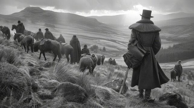  a black and white photo of a man in a top hat and coat leading a herd of horses down a hill.