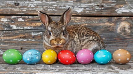 Fototapeta na wymiar a rabbit is sitting in front of a row of colored eggs on a wooden surface with a weathered wall in the background.