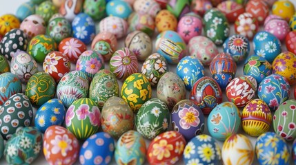  a pile of colorfully painted eggs sitting on top of a white table next to a pile of other colored eggs.