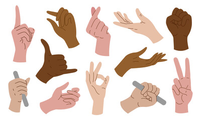 A set of illustrations with various gestures of hands.