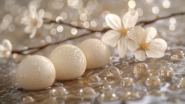  a group of three white eggs sitting on top of a table next to a branch with white flowers on it.