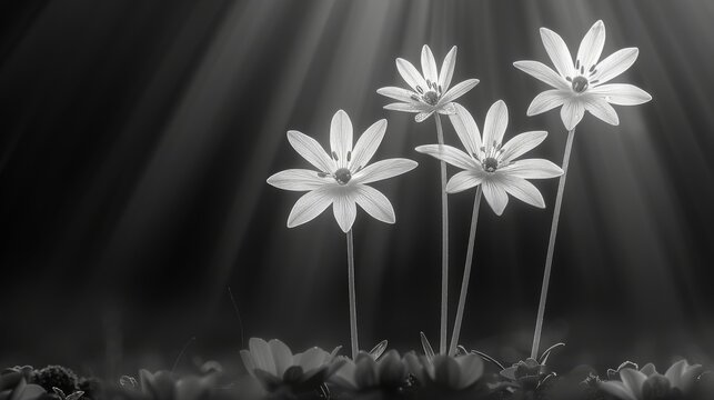  a black and white photo of three daisies with rays of light coming through the flowers on the side of the picture.