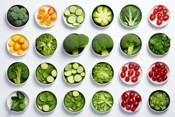 Panel with whole and sliced green, red and orange vegetables, genetically modified products on white - obrazy, fototapety, plakaty