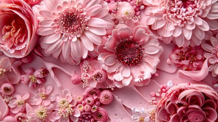  a close up of a bunch of flowers on a pink surface with drops of water on the petals and petals.