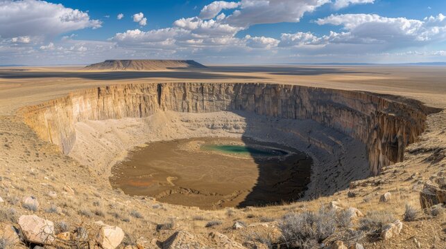  a crater in the middle of a desert with a body of water in the middle of the crater and mountains in the background.