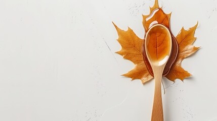  a wooden spoon with a maple leaf shaped spoon rest on top of a leaf shaped spoon on a white surface.