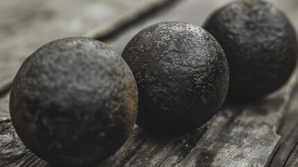  a group of three black balls sitting on top of a wooden table next to a piece of paper with writing on it.