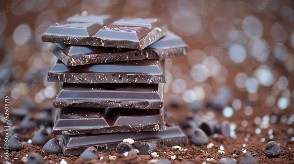 Canvas Prints  a stack of dark chocolate bars sitting on top of a pile of dark chocolate chips on top of a pile of dirt.