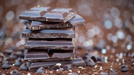  a stack of dark chocolate bars sitting on top of a pile of dark chocolate chips on top of a pile of dirt.