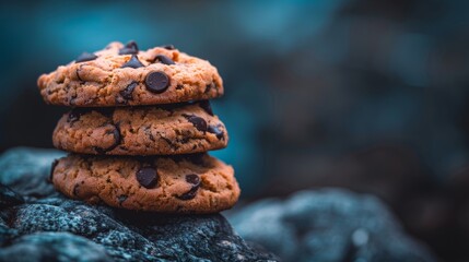  a stack of chocolate chip cookies sitting on top of a pile of black rocks in front of a blue...
