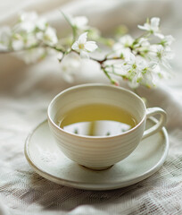 Cup of green jasmine tea on table	