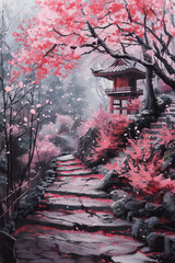 Canvas Whispers: Japanese Cherry Blossoms in Traditional Art, a Symphony of Nature's Beauty, Japan's Landscape, and the Iconic Shintoo Temple