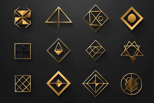 Brutalist abstract geometric shapes and grids logo icon. Brutal contemporary figure star oval spiral flower and other primitive elements design aesthetic. Bauhaus memphis design.