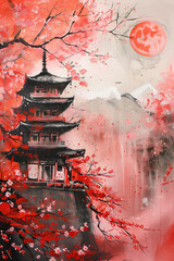 Cherry Blossom Canvas: Traditional Painting Showcasing Japan's Sakura Trees, Harmonizing Nature's Beauty with Landscape and Iconic Shintoo Temple