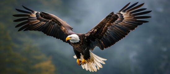 Obraz premium Majestic bald eagle soaring in the sky with spread wings and fierce gaze