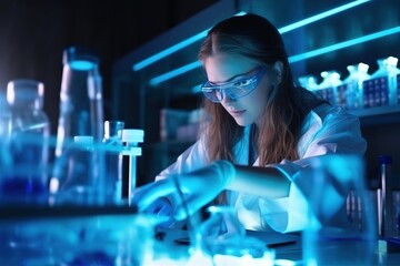 Fototapeta premium In the controlled laboratory setting, a researcher in a protective mask advances the development of innovative drugs and vaccines.