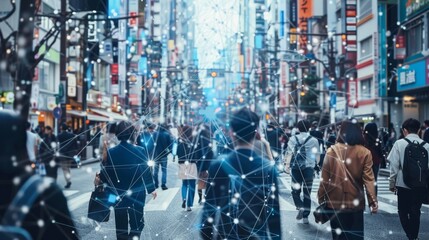 Obraz premium a people walking and connected via telephone true blockchain and internet 