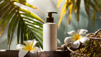 mockup bottle of shampoo, conditioner. floral background. beautiful lighting.