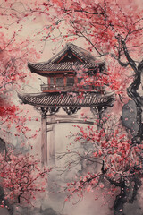 Canvas Blossoms: Japanese Cherry Trees in Traditional Painting, Merging the Beauty of Nature with Japan's Scenic Landscape and Shintoo Temple