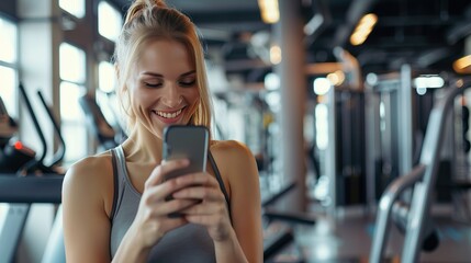 Cheerful sporty woman using phone after fitness in gym - obrazy, fototapety, plakaty