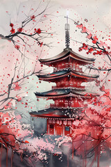 Sakura Splendor: Japanese Cherry Blossoms on Canvas, a Traditional Painting Illuminating the Artistry of Japan's Landscape and Iconic Shintoo Temple