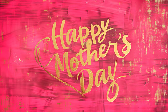 text Happy Mother's Day with golden letters and a heart on a pink background. Mother's day concept