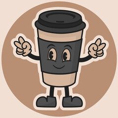 Vector funny coffee glass character, in groovy style, vector sticker, vector illustration