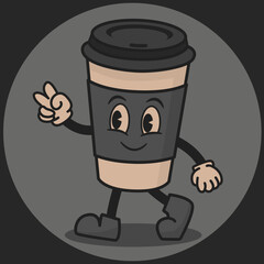 Vector funny character glass of coffee, character in groovy style, vector illustration