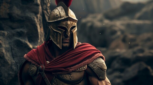 ancient warrior, gladiator or Spartan. a Roman legionary on the background of ruins.