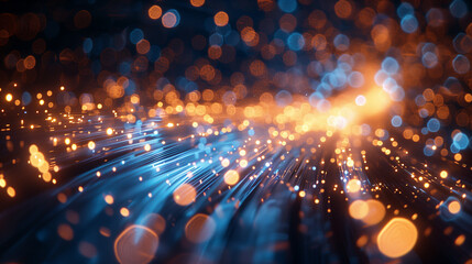 Obraz premium Blue and red light trails and particles on dark background