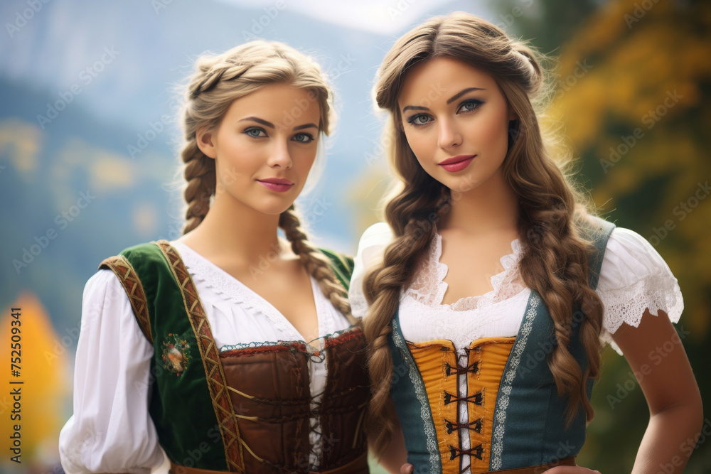 Wall mural Two female Bavarians in Dirndl attire celebrate the Oktoberfest beer festival.