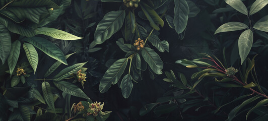 A dark backdrop of leaves and plants rendered in photorealistic style captures the intricate details of nature's beauty