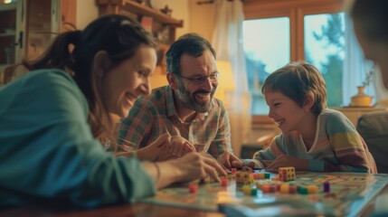 A joyful family gathers around a table, sharing smiles and laughs while playing a board game, creating a fun and leisurely event in their cozy room. AIG41