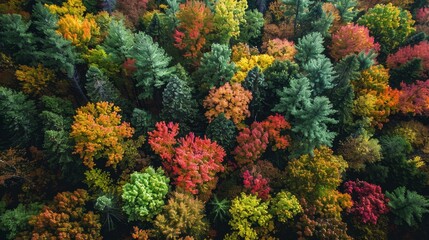 Naklejka na ściany i meble A drone captures the changing seasons in a lush forest