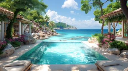 Obraz premium landscape of a seaside villa for two families with a swimming pool overlooking the sea