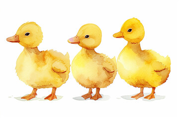Fototapeta premium Set of watercolor cute cartoon small baby ducks vector illustration