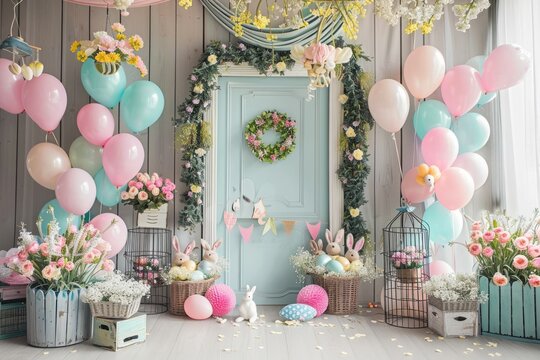 Beautiful door of home for Easter season. Colorful home entrance with Easter eggs, balloons and flowers.