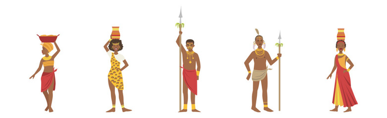 African People Character Standing Aboriginal in Traditional Tribal Clothing Vector Set