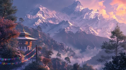 Papier Peint photo Himalaya A serene temple adorned with colorful prayer flags stands against the backdrop of majestic snowy mountains illuminated by the sunrise. Resplendent.