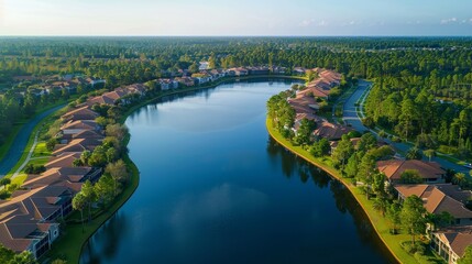 Fototapeta na wymiar A drone view over a serene lake, surrounded