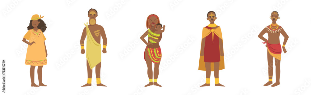 Sticker african people character standing aboriginal in traditional tribal clothing vector set