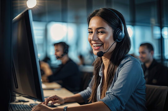 Trabajador del centro de llamadas siempre sonriente operador de atenci&oacute;n al cliente en el trabajo joven empleado que trabaja con un auricular
