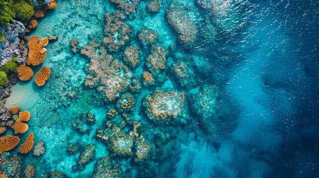 A drones eye view of a vibrant coral reef just off the tropical beach