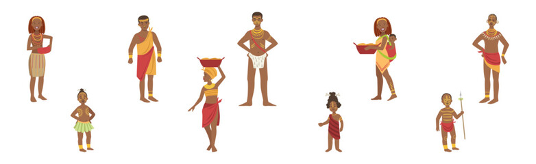 African People Character Standing Aboriginal in Traditional Tribal Clothing Vector Set © topvectors