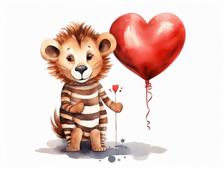 Watercolor lion and zebra animals with love for valentine's day