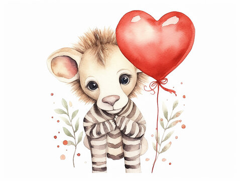 Watercolor lion and zebra animals with love for valentine's day