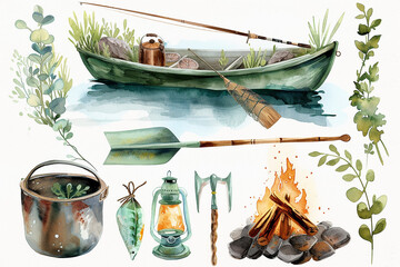 Watercolor fishing set camping and boat icon vector illustration, vintage fishing oil painting